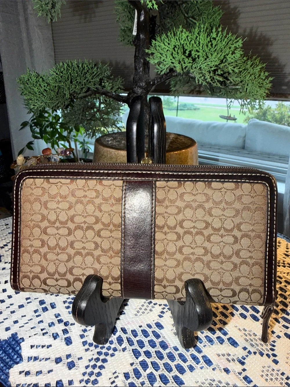 Coach Tan and Brown Signature Zip Wallet